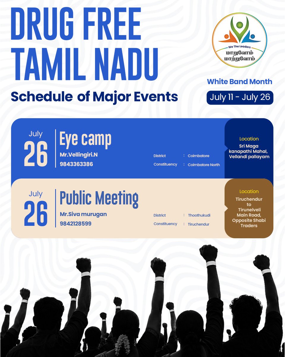WTLFoundation's tweet photo. 'போதை இல்லா சமுதாயம்' என்ற உயரிய இலக்கை முன்னிறுத்தி, We The Leaders Foundation-இன் தலைவர்கள் தமிழகம் முழுவதும் பல்வேறு போதை ஒழிப்பு விழிப்புணர்வு நிகழ்வுகளை முன்னெடுத்து வருகின்றனர்.

ஒவ்வொரு உறுதிமொழியும்...
ஒவ்வொரு விழிப்புணர்வு நிகழ்வும்...
ஒவ்வொரு இளைஞரின் பங்களிப்பும்...
போதை இல்லா தமிழகம் உருவாகும் பாதையில் ஒரு வலிமையான முன்னேற்றமாகும்.

நீங்களும் உங்கள் பகுதிகளில் உள்ள கல்வி நிறுவனங்கள், பணியிடங்கள் அல்லது சமூகத்தில் போதை ஒழிப்பு விழிப்புணர்வு நிகழ்வுகளை நடத்த விரும்பினால், We The Leaders Foundation-ஐ தொடர்புகொள்ளுங்கள்.

தொடர்புக்கு:
info@wetheleader.org
+91 82206 35959
+91 81229 42929

மாறுவோம்! மாற்றுவோம்!
போதை இல்லா தமிழகம் படைப்போம்!

#WTL_WhiteBandMonth