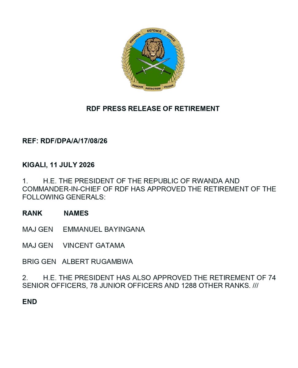 RwandaMoD's tweet photo. RDF PRESS RELEASE OF RETIREMENT https://t.co/0kV6h3GWWP