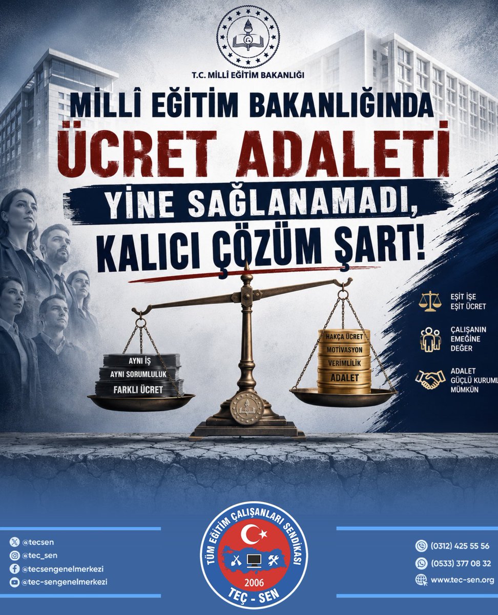 tecsen's tweet photo. MİLLÎ EĞİTİM BAKANLIĞINDA ÜCRET ADALETİ YİNE SAĞLANAMADI, KALICI ÇÖZÜM ŞART!

11 Temmuz 2026 tarihli Resmî Gazete'de yayımlanan Cumhurbaşkanı Kararı, Millî Eğitim Bakanlığında ücret adaletini sağlamak yerine yeni bir adaletsizliğe kapı aralamıştır.

Aynı unvanda görev yapan, aynı yetkiyi kullanan ve aynı sorumluluğu taşıyan şube müdürleri arasında geçmiş görevlerine göre farklı mali haklar oluşturulması; eşitlik, hakkaniyet ve adalet ilkeleriyle bağdaşmamaktadır.

Ancak sorun yalnızca şube müdürleriyle sınırlı değildir. Bu düzenleme, Millî Eğitim Bakanlığında memur, şef, şube müdürü ve diğer yönetici kadroları arasında yıllardır büyüyen ücret dengesizliğini gidermek yerine daha da derinleştirmiştir.

TEÇ-SEN olarak aynı unvanda görev yapan personel arasında geçmiş görevlerine dayalı mali farklılıkları asla kabul etmiyoruz. Üyelerimizin haklarının korunması adına gerekli hukuki süreçleri kararlılıkla başlatacağımızı kamuoyuna duyuruyoruz.

Bugün yaşananlar, yıllardır dikkat çektiğimiz yapısal ücret adaletsizliğinin bir sonucudur. Sendikamız;
✅ "Ek Ders Ücretimi Geri İstiyorum" eylemiyle,
✅ Millî Eğitim Bakan Yardımcısı Sayın Ömer Faruk Yelkenci ile gerçekleştirdiği görüşmeyle,
✅ "Eğitim Çalışanlarına Yönetim Görevi ve Görev Karşılığı Ek Ders Ücreti Ödenmesine İlişkin Rapor" ile bu sorunu ve çözüm önerisini defalarca Bakanlığın gündemine taşımıştır.

Parçalı düzenlemeler yeni adaletsizlikler üretmektedir.

Kalıcı çözüm; Millî Eğitim Bakanlığında görev yapan tüm eğitim çalışanlarını kapsayacak şekilde "Yönetim Görevi Karşılığı" ve "Görev Karşılığı Ek Ders Ücreti" düzenlemesinin hayata geçirilmesidir.

Çünkü ücret adaleti, aynı işi yapanlar arasında ayrım oluşturarak değil; tüm eğitim çalışanlarını kapsayan adil, sürdürülebilir ve bütüncül bir mali sistem kurularak sağlanabilir.

TEÇ-SEN mücadele ediyor, çözüm üretiyor!

#TEÇSEN #MilliEğitim #ÜcretAdaleti #ŞubeMüdürü #Memur #Şef #EkDers #EşitİşeEşitÜcret #KamuÇalışanları #Sendika