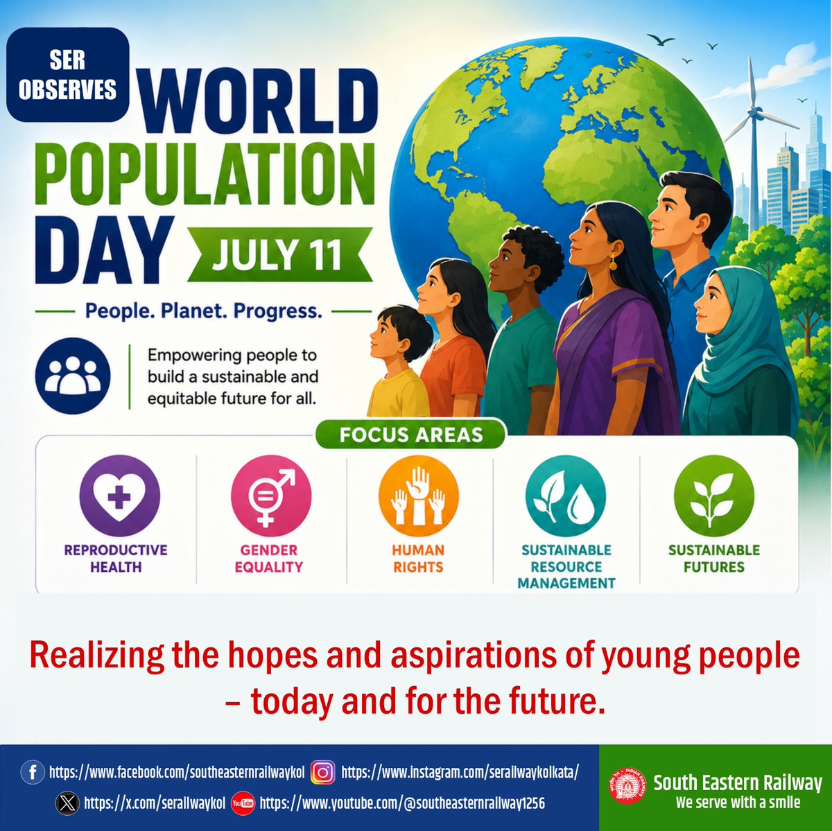 serailwaykol's tweet photo. South Eastern Railway observes World Population Day.  
As our nation grows, we remain committed to connecting millions safely, sustainably and with care.  
Every journey matters. Every life counts  

#WorldPopulationDay #SouthEasternRailway #SER #ConnectingMillions #BuildingTomorrow #RailwaysOfIndia