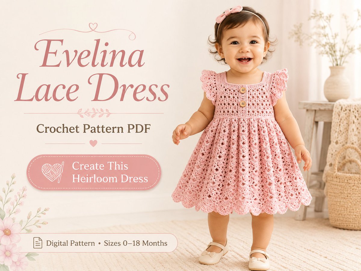 KBDigitalCraft's tweet photo. Crochet a beautiful heirloom baby dress 💗

The Evelina Lace Dress PDF includes sizes 0–18 months, a lace bodice, ruffled sleeves, flared shell skirt, scalloped hem, and step-by-step guidance.

Digital pattern only:

https://t.co/dR5EpGGy4s

#CrochetPattern #BabyDress https://t.co/QYw4i1Lfad