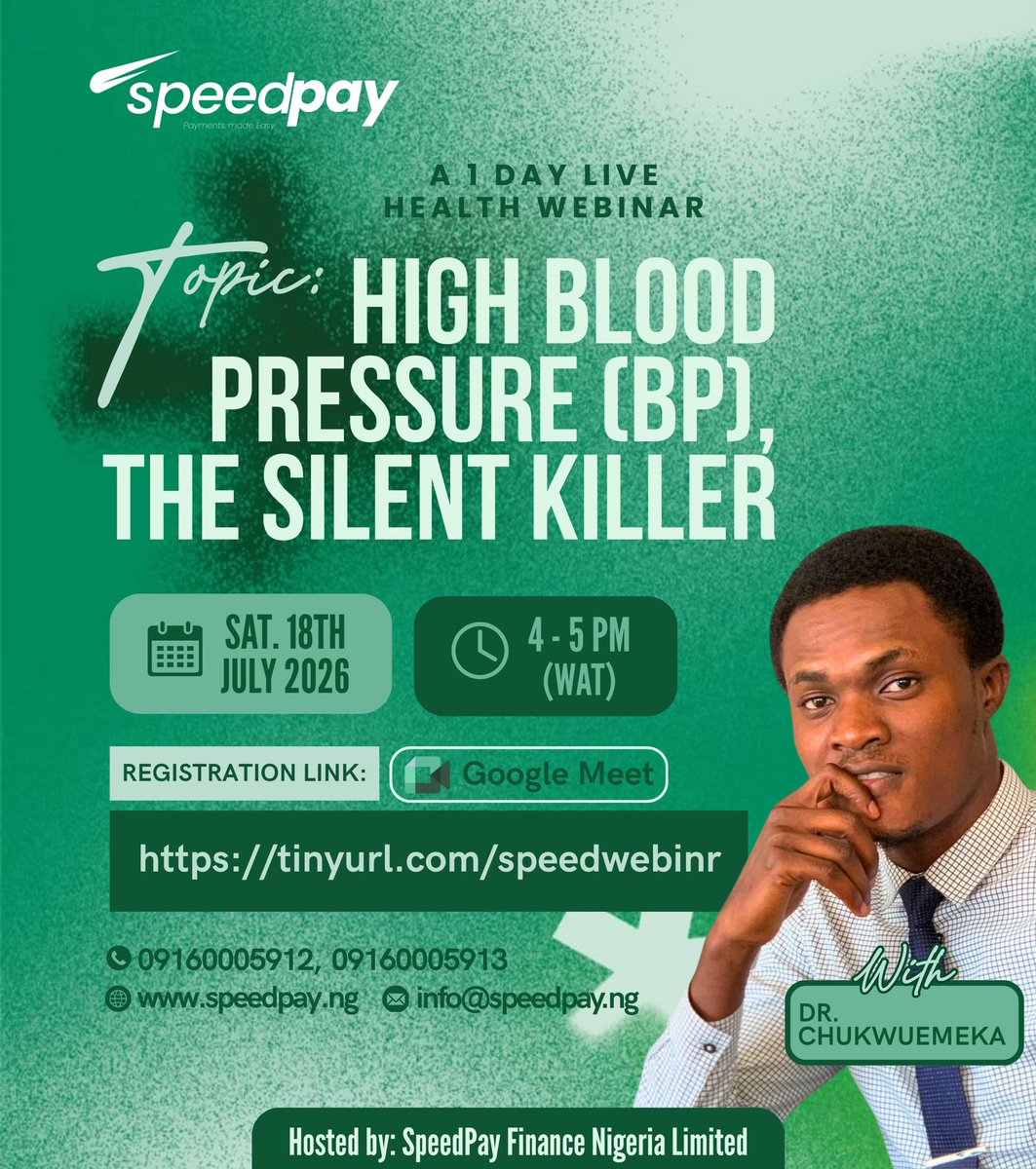 Speedpayng's tweet photo. Join our webinar on the 18th of July, 2026.

We have invited a learned doctor to share with on the dangers of high blood pressure as well as the ingesting of toxic substances into the body.

Follow the link on the flyer or click in bio to register

Tell a friend to tell a friend, help save a life!

#speedpayfinng #health #webinar #healthinsurance #finance