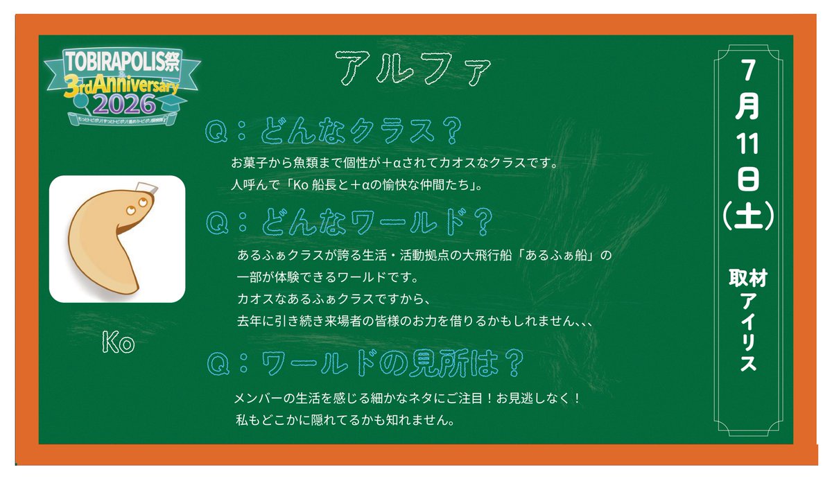 TOBIRAPOLIS's tweet photo. #TOBIRAPOLIS祭2026
TOBIRAPOLIS内のクラスを
順次ご紹介！

第１回は、
配信、イベント、コントにMMD！
行動力溢れるメンバーが大集合！
カオスが持ち味のアルファクラス！！

#メンバーインタビュー
#cluster https://t.co/QvwWRWEpRk