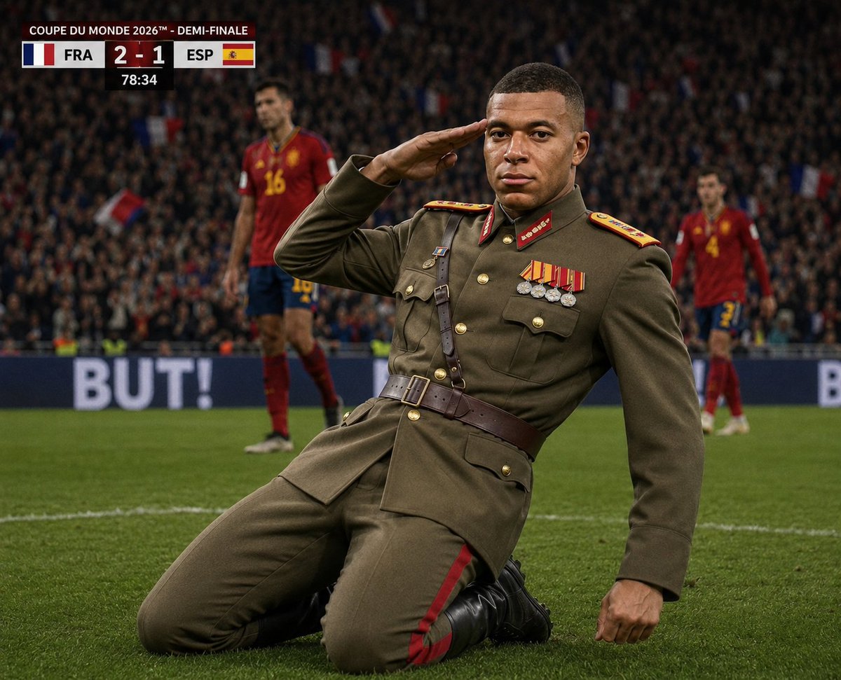 2BeltsKos's tweet photo. Me vient une idée : imaginez Mardi, Mbappe arrive sur le terrain, pas avec sa tenue de match habituelle, mais avec la tenue de dictateur que les internautes lui attribuent. Ça ne serait pas trop bon ? Aucune idée de comment faire pour que @KMbappe voit ça... RT ? https://t.co/UXVkTlY3Kp
