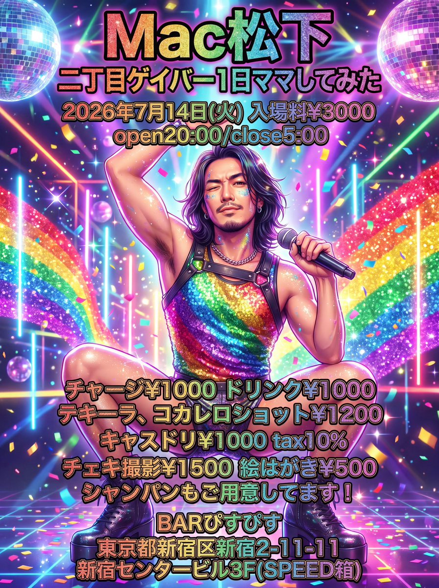 bar_pisspiss's tweet photo. 【マック松下二丁目ゲイバーで１日ママしてみた】来週火曜開催します❤️🎊

6/14 (火)20:00〜オープンです！🎉
18:00〜20:00迄ぴすぴす通常営業🈺

プロレスファンの方もそうでない方も是非お越しください！MACさん優しいイケメンです🏋️ https://t.co/pxzJreECRN