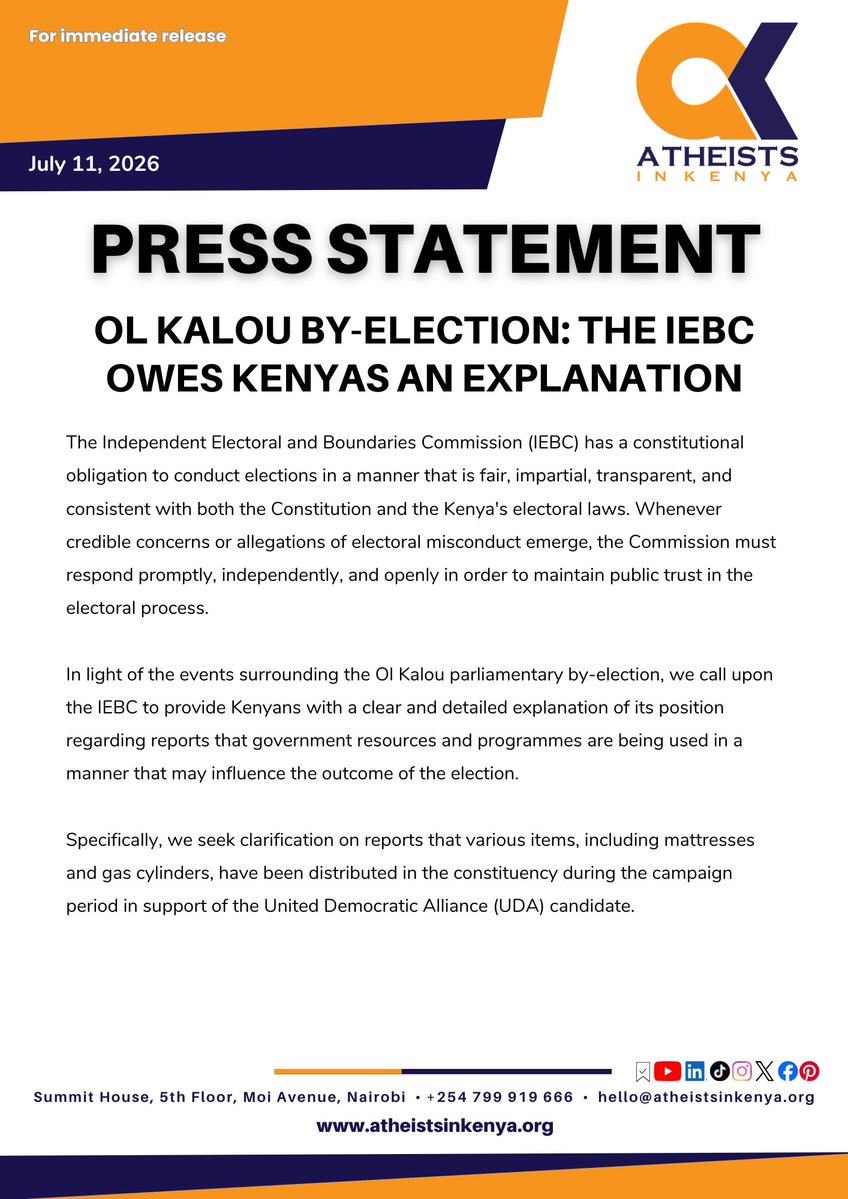 harrison_mumia's tweet photo. 🟠 PRESS STATEMENT | July 11, 2026  

OL KALOU BY-ELECTION  

The IEBC Owes Kenyan's an Explanation https://t.co/KQ98WeP4Fp