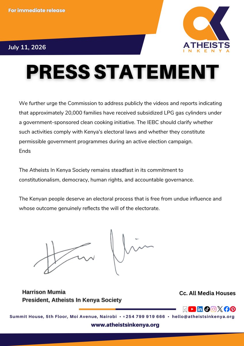 harrison_mumia's tweet photo. 🟠 PRESS STATEMENT | July 11, 2026  

OL KALOU BY-ELECTION  

The IEBC Owes Kenyan's an Explanation https://t.co/KQ98WeP4Fp