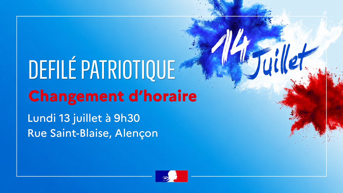 Image de Préfet de l'Orne - #FeteNationale | 🚨Changement horaire défilé patriotique Alençon

En raison des conditions météorolo
