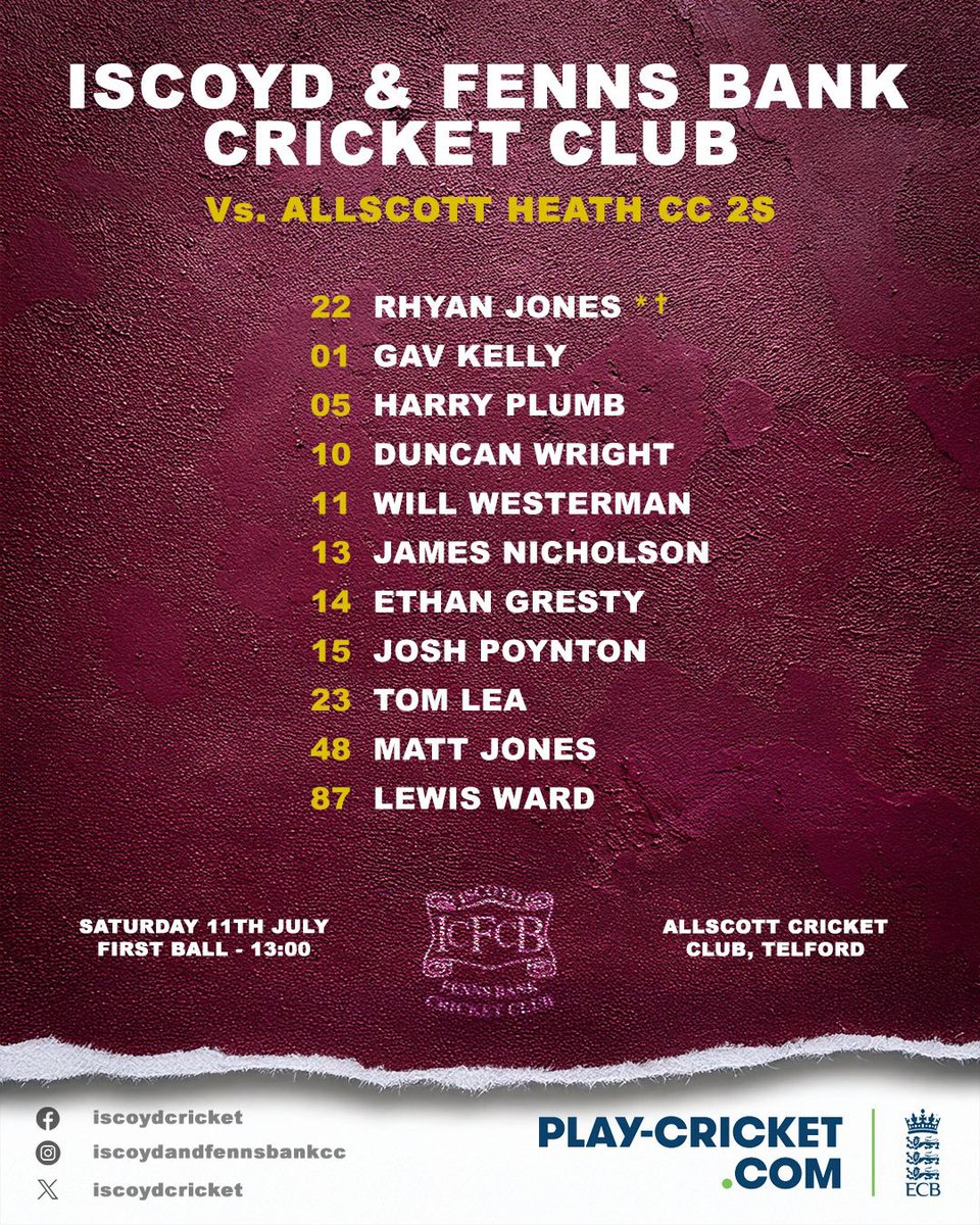 Iscoydcricket's tweet photo. Team news for our trip to @AllscottHeathCC this afternoon #IFBCC @Lords__Cricket @ShropCCLeague https://t.co/ueuxNHWb4O