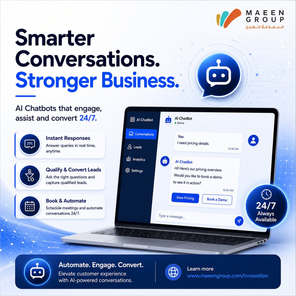 MaeenGroup's tweet photo. *🤖 AI That Never Misses a Customer*

Every conversation counts.

⚡ Instant replies
🎯 Qualify leads
📅 Book meetings
🕒 Available 24/7

Grow faster with AI-powered conversations.

🌐 https://t.co/OH1LEAQgZc
📞 +965 6607 9071

#AI #Chatbot #Automation #BusinessGrowth https://t.co/XhMBkB0zti