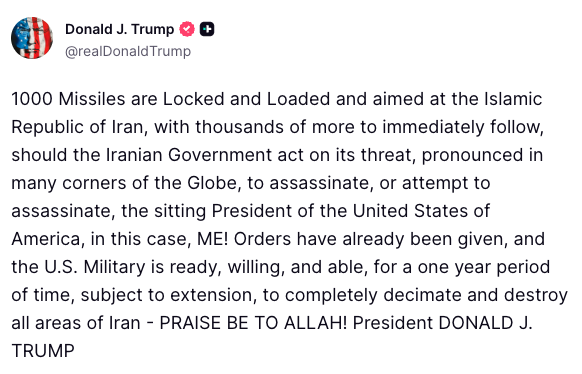 FoxNews's tweet photo. LOCKED &amp; LOADED: President Trump responds to Iran's latest threat against him, saying any assassination attempt would force the United States to "decimate and destroy" their country. https://t.co/QCfcVFuCCS