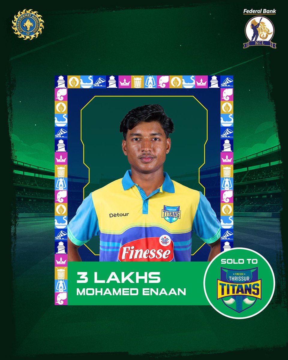KCL_t20's tweet photo. Mohamed Enaan is headed to Thrissur Titans for 3.00 Lakhs! 

The Titans continue to strengthen their ranks with another exciting addition.

#kcl #aaveshaminiverelevel #season3
#keralacricketleague #auctionday https://t.co/xtA9mDMgA1