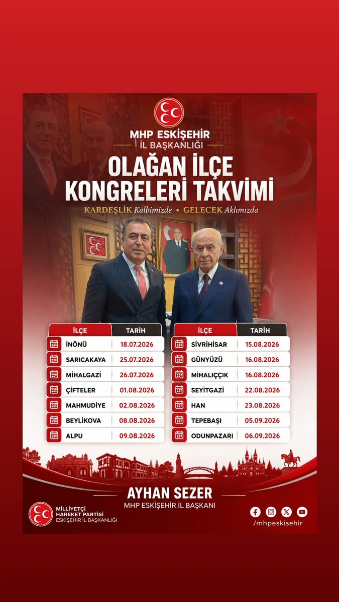 MHPeskisehir26's tweet photo. Milliyetçi Hareket Partisi Eskişehir İl Başkanlığı olarak, Genel Başkanımız Sayın Devlet Bahçeli Beyefendi'nin liderliğinde "Kardeşlik Kalbimizde, Gelecek Aklımızda" anlayışıyla gerçekleştireceğimiz 2026 Olağan İlçe Kongreleri Takvimini kamuoyuyla paylaşmanın heyecanını yaşıyoruz https://t.co/2wFn4Xz9TT