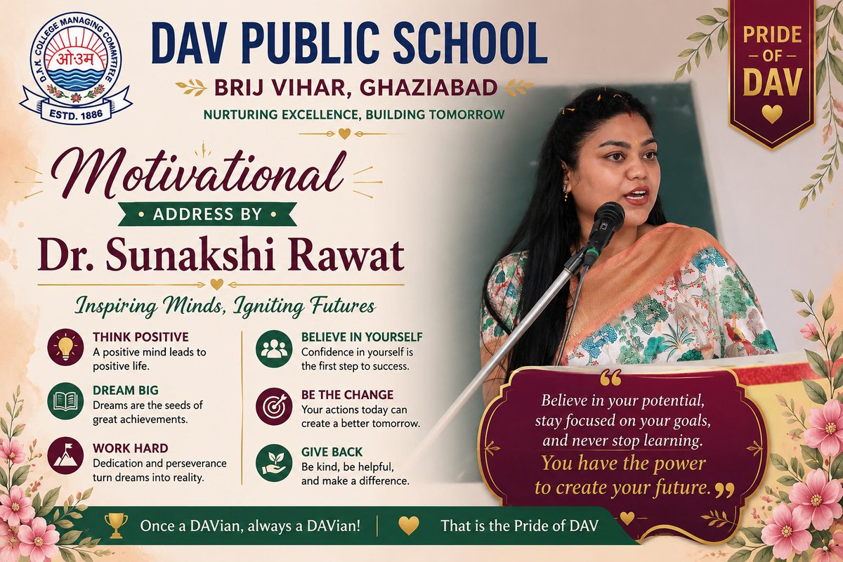DavBrij's tweet photo. DAV Brij Vihar is proud to felicitate our alumna *Dr. Sunakshi Rawat* for clearing the Uttarakhand Public Service Commission Exam!
From our classrooms to public service. Your hard work inspires every DAVite.
#ProudDAVite #UKPSC #DAVBRijVihar https://t.co/GXaaubpRJj