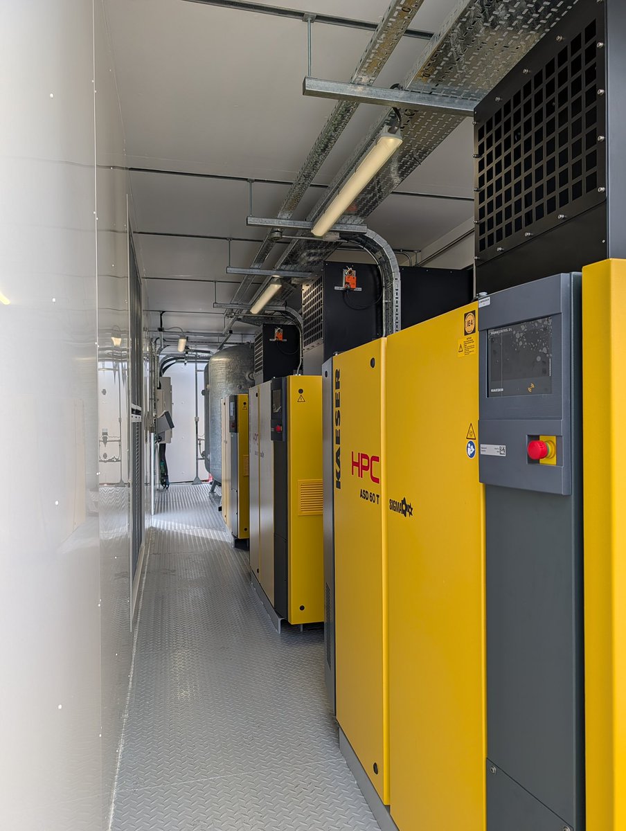 Factair's tweet photo. We are proud to complete our latest containerised compressed-air package for the Compressed Air Centre team. Comprising 3 off HPC KAESER ASD60T compressors with receivers and air treatment, all controlled by the SAM 4.0 for optimum energy efficiency. @compressedairc https://t.co/PxBeZYBVPL