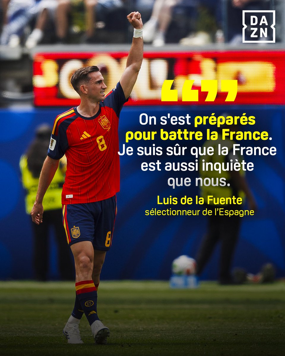 DAZN_FR's tweet photo. 🇪🇸 | LUIS DE LA FUENTE ANNONCE LA COULEUR AVANT D'AFFRONTER LA FRANCE 💥🇫🇷

Tout juste qualifié, le sélectionneur espagnol a mis en garde les Bleus avant la demi-finale de la Coupe du Monde, tout en reconnaissant que les deux dernières victoires de la Roja ne garantissent aucunement une répétition mardi prochain 👀🔥