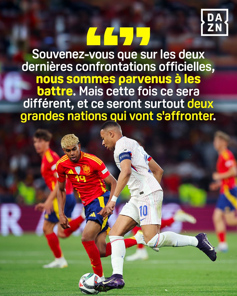 DAZN_FR's tweet photo. 🇪🇸 | LUIS DE LA FUENTE ANNONCE LA COULEUR AVANT D'AFFRONTER LA FRANCE 💥🇫🇷

Tout juste qualifié, le sélectionneur espagnol a mis en garde les Bleus avant la demi-finale de la Coupe du Monde, tout en reconnaissant que les deux dernières victoires de la Roja ne garantissent aucunement une répétition mardi prochain 👀🔥