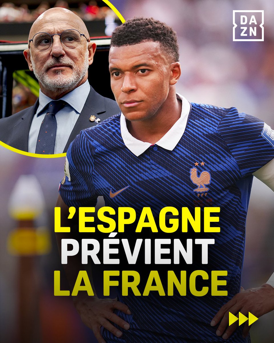DAZN_FR's tweet photo. 🇪🇸 | LUIS DE LA FUENTE ANNONCE LA COULEUR AVANT D'AFFRONTER LA FRANCE 💥🇫🇷

Tout juste qualifié, le sélectionneur espagnol a mis en garde les Bleus avant la demi-finale de la Coupe du Monde, tout en reconnaissant que les deux dernières victoires de la Roja ne garantissent aucunement une répétition mardi prochain 👀🔥