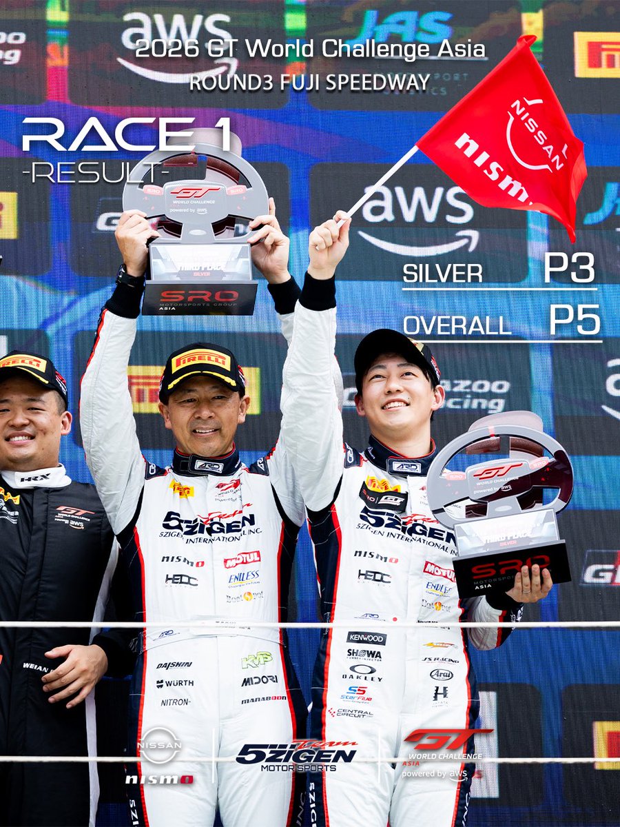 team5zigen's tweet photo. 2026 GT World Challenge Asia RD3 FUJI SPEEDWAY @fujispeedway_official 

Race 1 Result @gtworldchallengeasia 

SILVER /  P3🥉
OVERALL /  P5

OVERALLでの表彰台には惜しくも届きませんでしたが、総合P23からP5までポジションを上げ、クラス3位の表彰台を獲得しました🥉 https://t.co/iJOs8TznpS