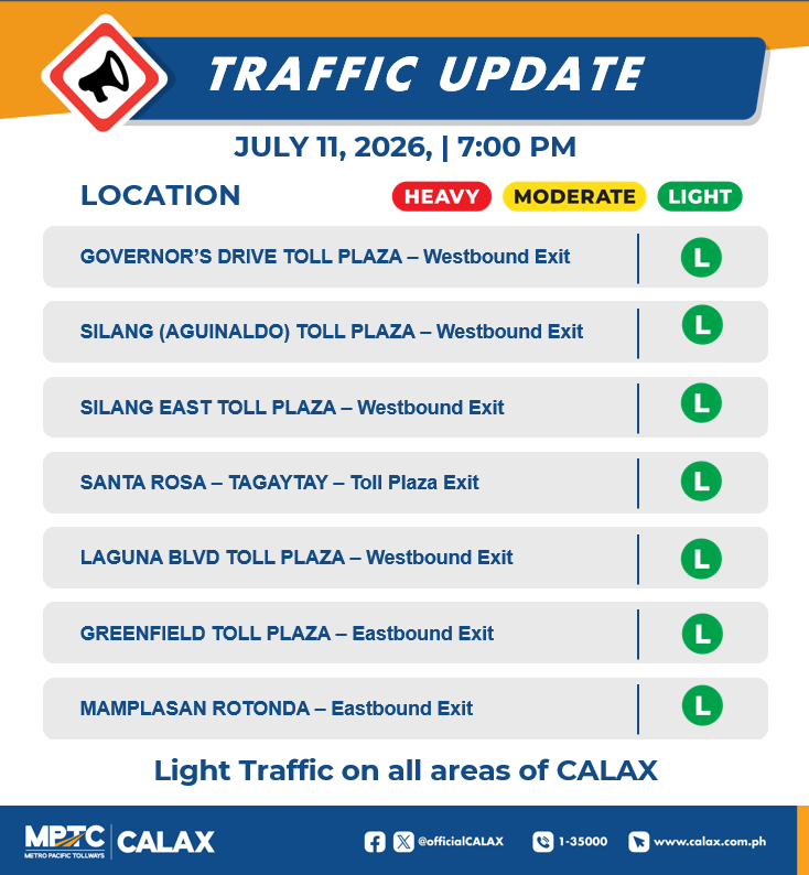 OfficialCALAX's tweet photo. July 11,2026 | 7:00 PM
Incase of Emergencies and Assistance 
Dial 24/7 Hotline 1-35000 
Check your BLOWBAGETS 
Drive safe Ka-Drayberks! https://t.co/sDq6YR9V3r