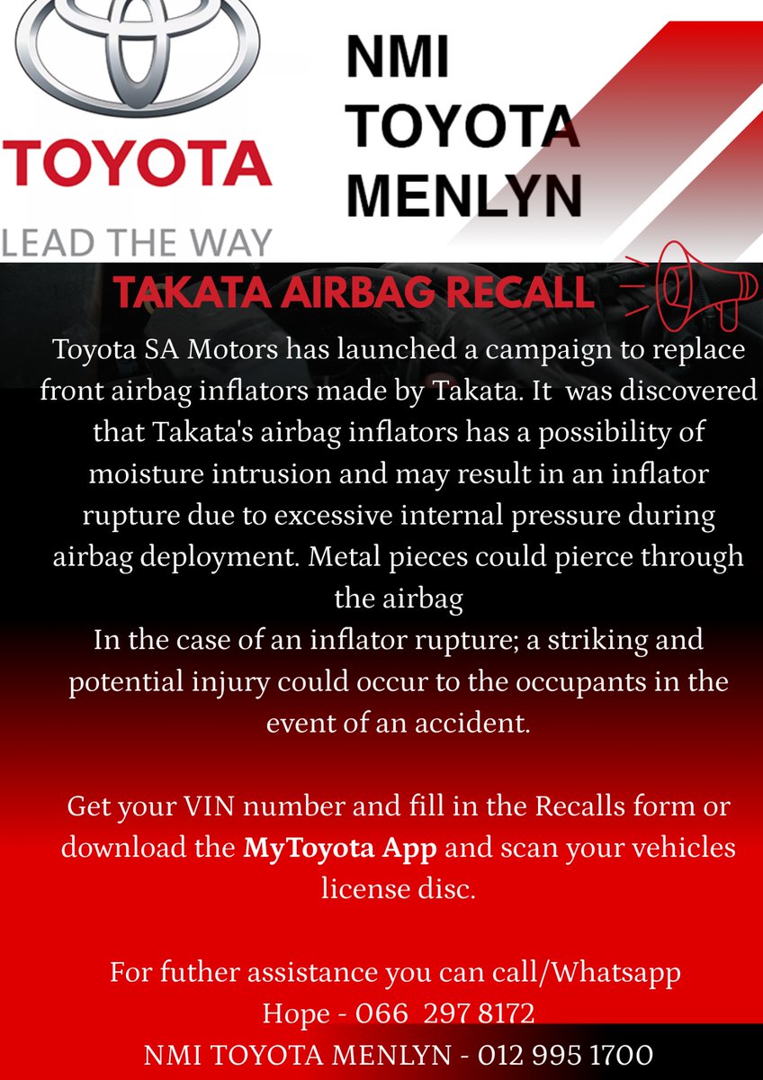 Hope_Lebeloane's tweet photo. @nasiphim Good Day I hope you are well. We have a campaign at @ToyotaSA to replace airbags on vehicles from 2002 - 2017. Where can we apply to get a permit to scan vehicles and make the public aware of this campaign. Ka Leboga https://t.co/fbGhbYHna6