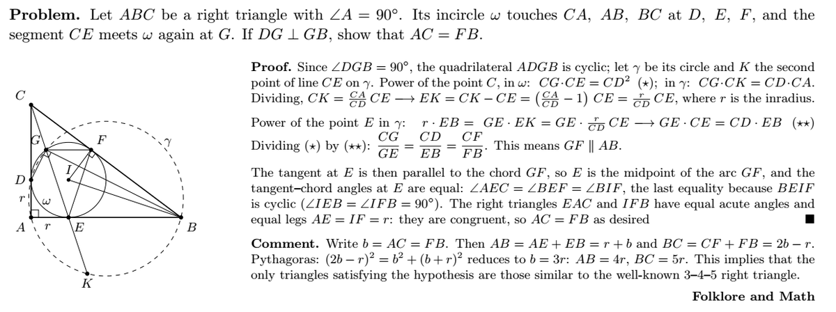 folkloreandmath's tweet photo. @eylemboss0306 I solved this nice problem in another post, but I think this new solution is not only shorter, but requires less algebra, self contained and explores an additional property in the figure (some parallelism) that previous solutions didn't uncover. 😊 https://t.co/umG3Bl9KMl