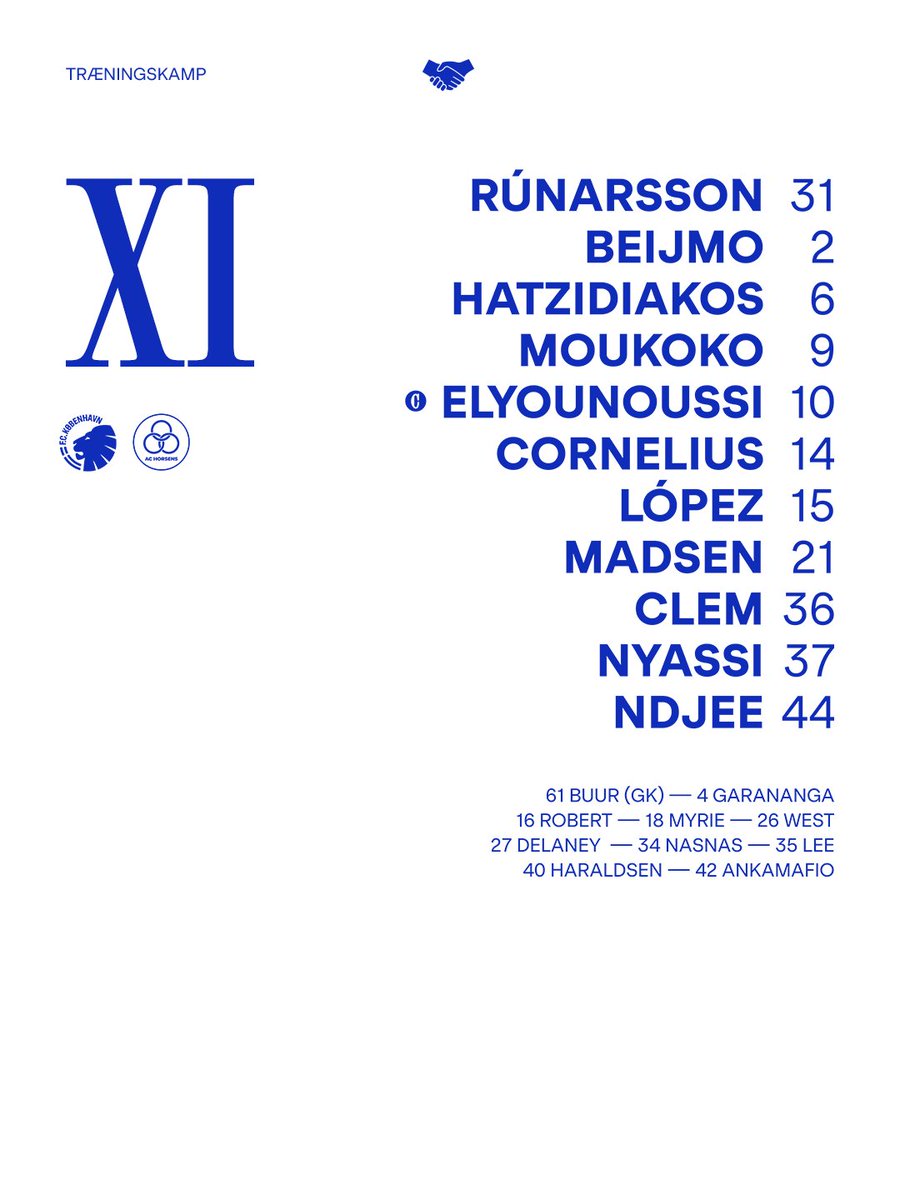 FCKobenhavn's tweet photo. Start-11 i træningskampen kl. 14 mod AC Horsens - se med på FCK TV med et FCK+ abonnement

#fcklive #startXI https://t.co/OwHlK7dr6z
