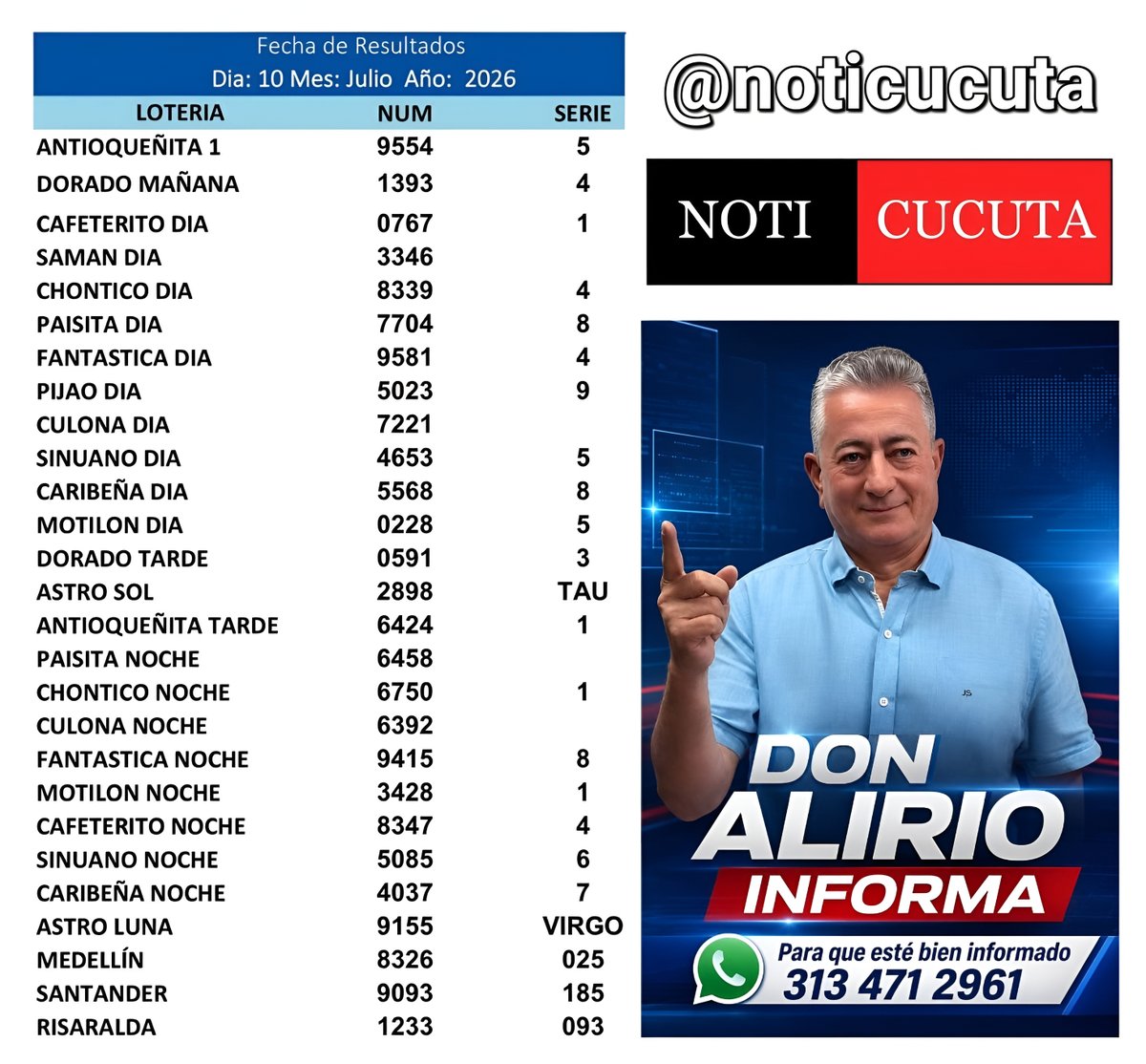 TaxisCucuta's tweet photo. Resultados de loterías y sorteos correspondientes 10 de Julio del 2026 @noticucuta https://t.co/33nX6uI81o