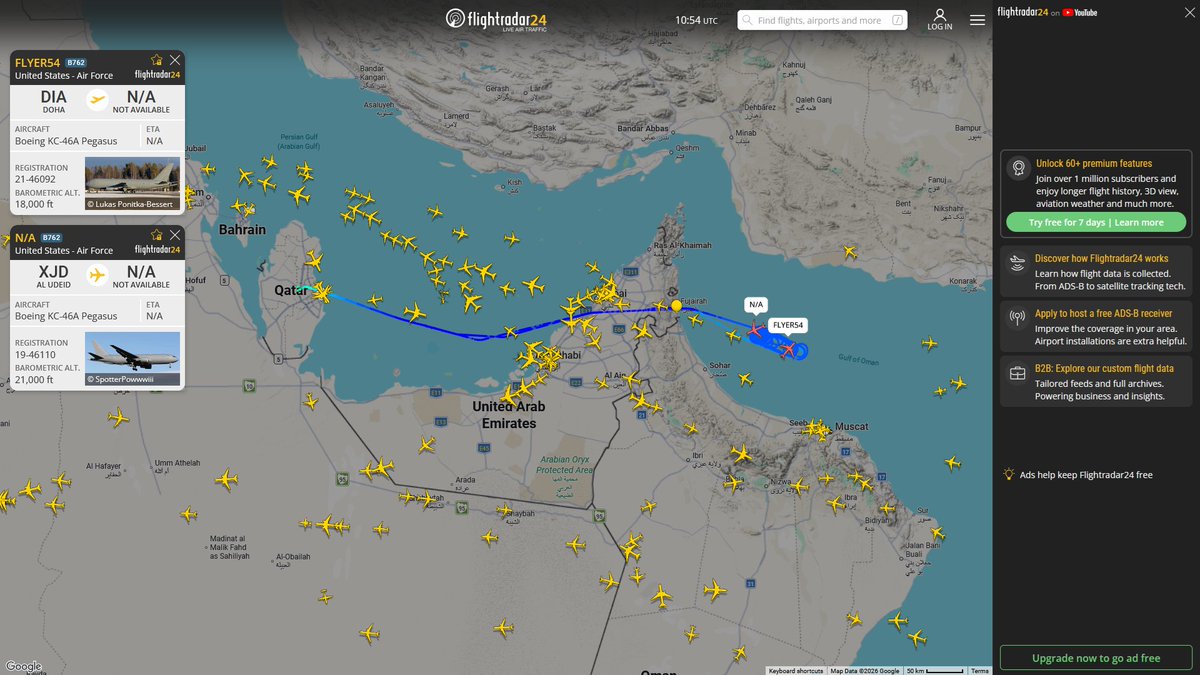 AIYeyENGDdJkjTr's tweet photo. July 11, 2026
#Al-Udeid Air Base ==> #Gulf of Oman
#FLYER54 #AE63C8 USAF KC-46A Pegasus
#NoCALLSIGN #AED555 USAF KC-46A Pegasus
#Al Reef Base, Abu Dhabi ==> #Musandam Peninsula
#NoCALLSIGN #AE04ED USAF KC-135R Stratotanker https://t.co/u0wdkB7QGe