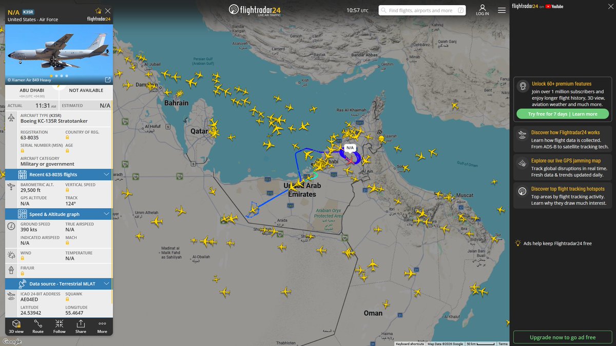 AIYeyENGDdJkjTr's tweet photo. July 11, 2026
#Al-Udeid Air Base ==> #Gulf of Oman
#FLYER54 #AE63C8 USAF KC-46A Pegasus
#NoCALLSIGN #AED555 USAF KC-46A Pegasus
#Al Reef Base, Abu Dhabi ==> #Musandam Peninsula
#NoCALLSIGN #AE04ED USAF KC-135R Stratotanker https://t.co/u0wdkB7QGe