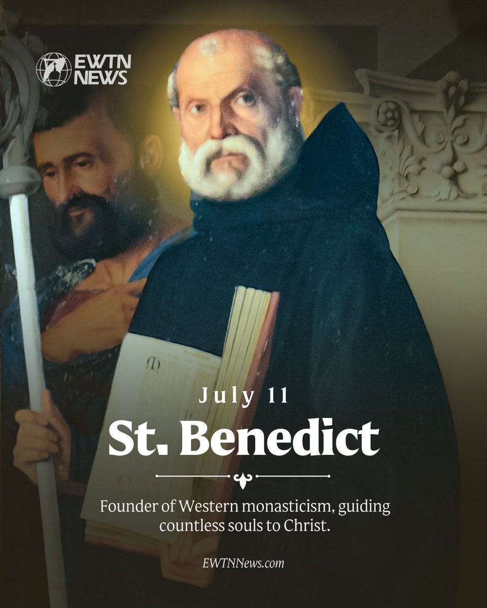 EWTNews's tweet photo. On July 11, the Catholic Church celebrates the feast of Saint Benedict of Nursia, the sixth-century abbot who gave Christian monasticism its lasting foundation in Western Europe.

For his historic role as the “Father of Western Monasticism,” St. Benedict was declared a co-patron of Europe (along with Saints Cyril and Methodius). St. Benedict is also the patron saint of Pope Benedict XVI's pontificate.

Born to upper-class parents in modern-day Italy during the year 480, Benedict was sent to Rome to study the humanities. However, he soon became disgusted with the loose morals that prevailed among the students. Withdrawing from the city, he lived briefly with a group of monks, then as a hermit.

The young man spent three years in solitude, facing and overcoming severe temptations through prayer and asceticism. Only after doing so, did he have the confidence to emerge as an organizer of monastic communities. His first monasteries were established in the Anio valley outside Subiaco.

Benedict's monasteries in Subiaco became centers of education for children, a tradition which would continue in the order during his lifetime and beyond. His monastic movement, like its forebears in the Christian East, attracted large numbers of people who were looking to live their faith more deeply.

During 529, Benedict left Subiaco for Monte Cassino, 80 miles south of Rome. The move was geographically and spiritually significant, marking a more public emergence of the Western monastic movement. Benedict destroyed a pagan temple atop the mountain, and built two oratories in its place.

It was most likely at Monte Cassino that the abbot drew up a rule of life, the famous “Rule of St. Benedict,” which emphasised prayer, work, simplicity, and hospitality. Though known as a rule for monks, it is addressed to all those who seek “to do battle for Christ the Lord, the true King.”

Around the age of 63, Benedict suffered his final illness. He was carried into the church by his fellow monks, where he received the Eucharist for the last time.

https://t.co/OOTdP0Qpb8