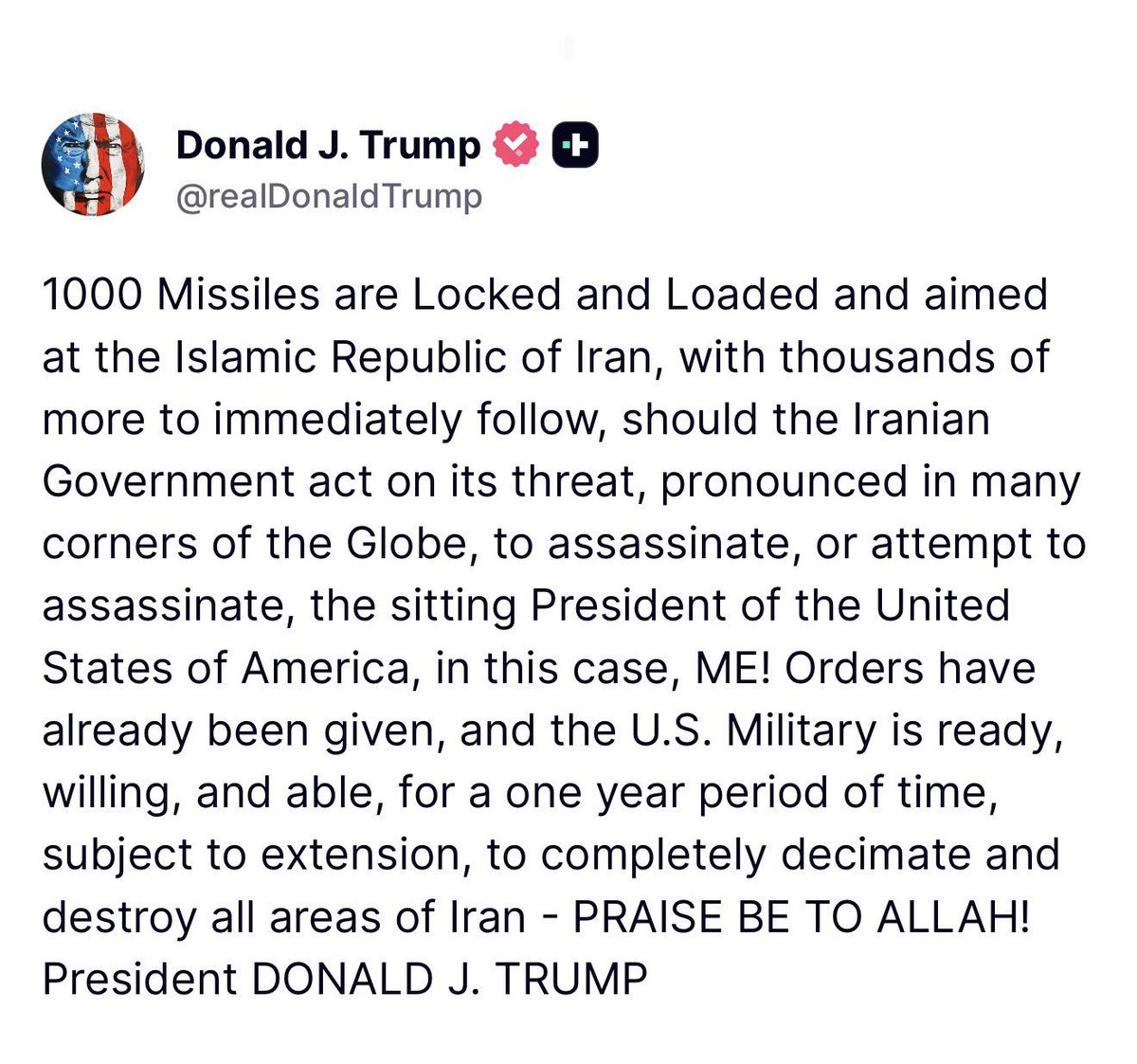 jenn25417's tweet photo. 🚨 TRUMP DROPS THE HAMMER ON IRAN: 1,000 Missiles LOCKED &amp; LOADED, thousands more ready to rain down if they dare touch our President!

Orders given, U.S. Military standing by to DECIMATE every square inch if they try anything. 

America First means PEACE THROUGH STRENGTH! https://t.co/5qLwVL3PuV