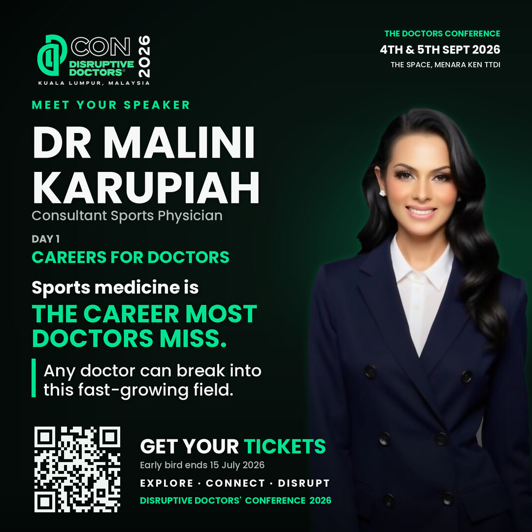 disruptvDoctors's tweet photo. Sports medicine — the career most doctors miss. Meet Dr Malini Karupiah, Consultant Sports Physician, at DD Con 2026. Tickets: https://t.co/vIjqhvzCLQ #DisruptiveDoctors #DDCon2026 #SportsMedicine https://t.co/yMDcymHFuG