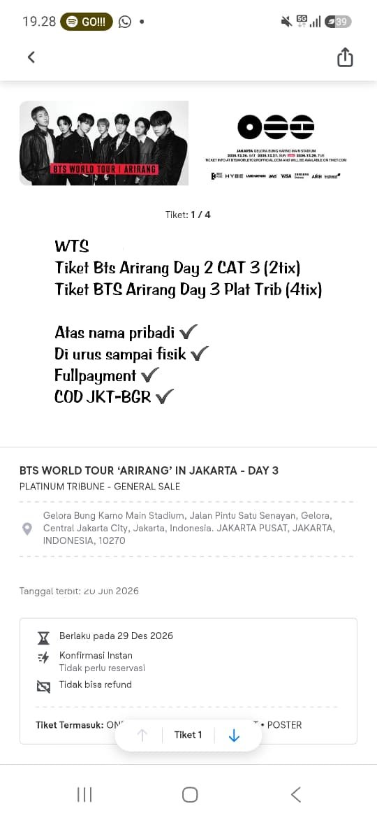 jaswartipca's tweet photo. WTS BTS 'ARIRANG' JAKARTA 💜

• DA6 2 PRESALE SECURED
🎫 Cat 3 (2Tix)
• DAY 3 GENSALE SECURED 12.03
🎫 Platinum Tribune (4Tix)

Serious buyer only ya 🙏

DM untuk harga 
Thank you!
#WTS #WANTTOSALE #BTS_ARİRANG #BTS_ARİRANG_JAKARTA https://t.co/tjEnz6JEuC