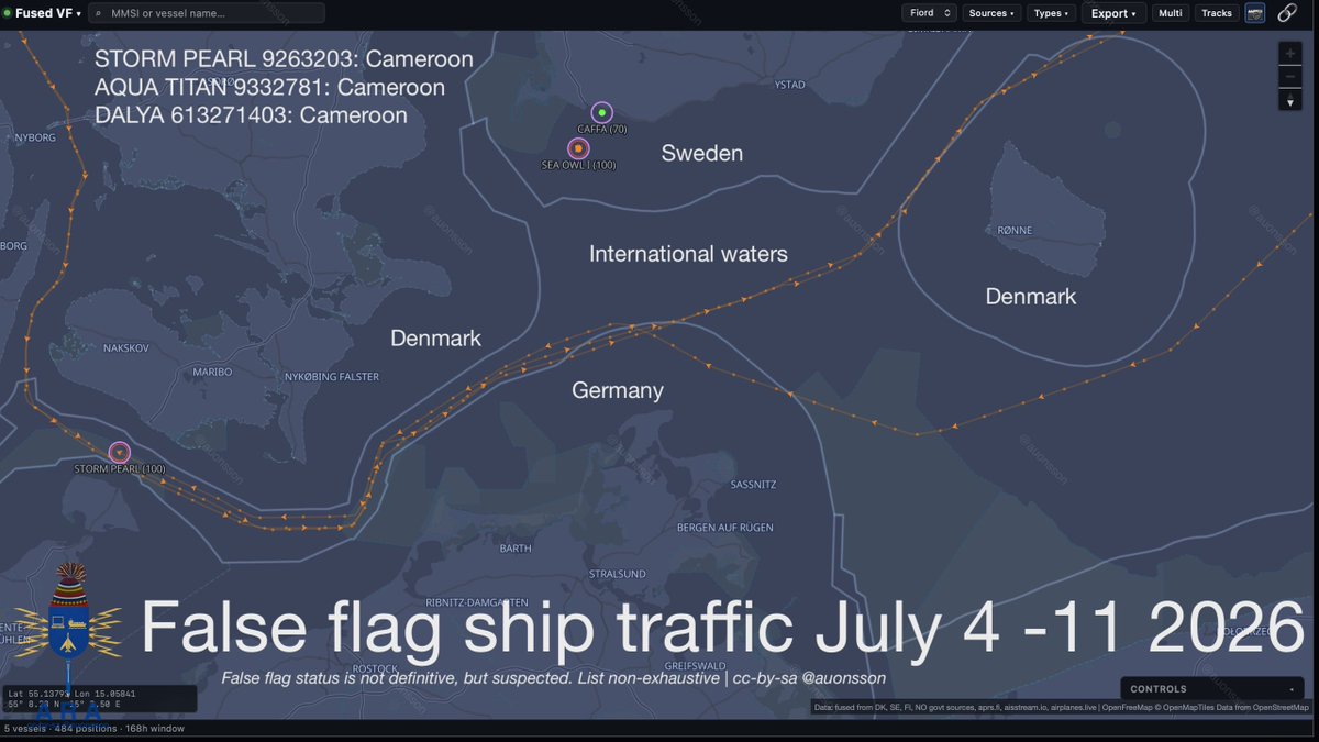 auonsson's tweet photo. Last seven days at least three likely false flagged tankers have passed German and/or Danish territory. None via Sweden.

These tankers are likely breaking international maritime law and can be stopped at any time by any navy, to ascertain flag status. https://t.co/RCStoUcEIZ