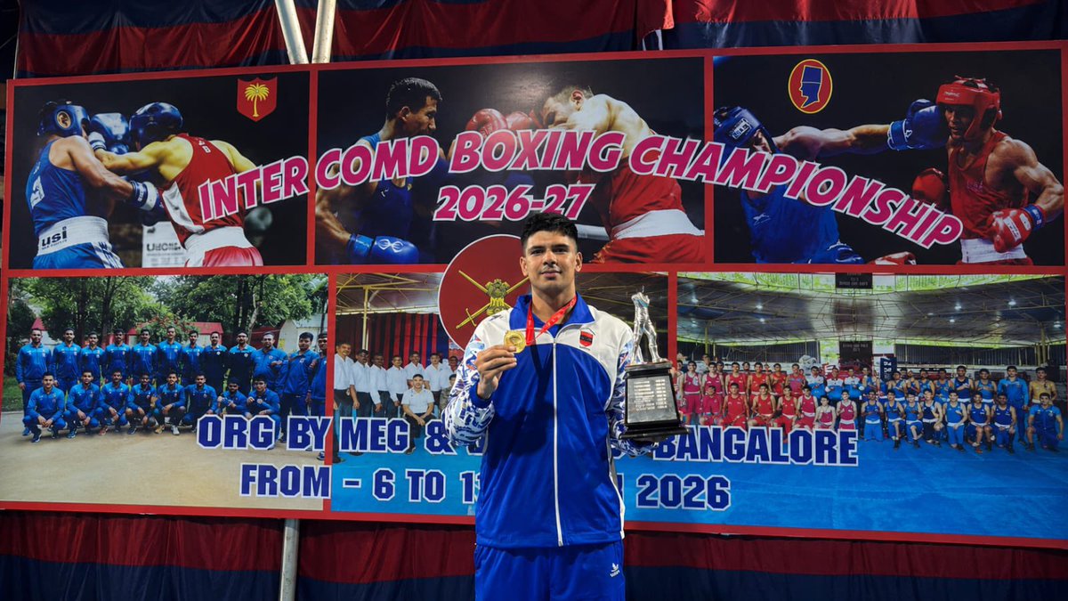 IaSouthern's tweet photo. #ArmyCommander and all ranks of #SouthernCommand congratulate Havildar Paras of #MAHARRegt for clinching Gold in the Heavyweight category (85–90 kg) at the Army Inter Command Boxing Championship 2026, held at MEG, Bengaluru.

Displaying exceptional skill, grit and resilience, he outclassed formidable opponents to secure the top honour and bring laurels to his Regiment and Formation.

#IndianArmy 
#Boxing 
#SportingExcellence
@adgpi 
@IA_SportsAdvntr 
@PRODefPune