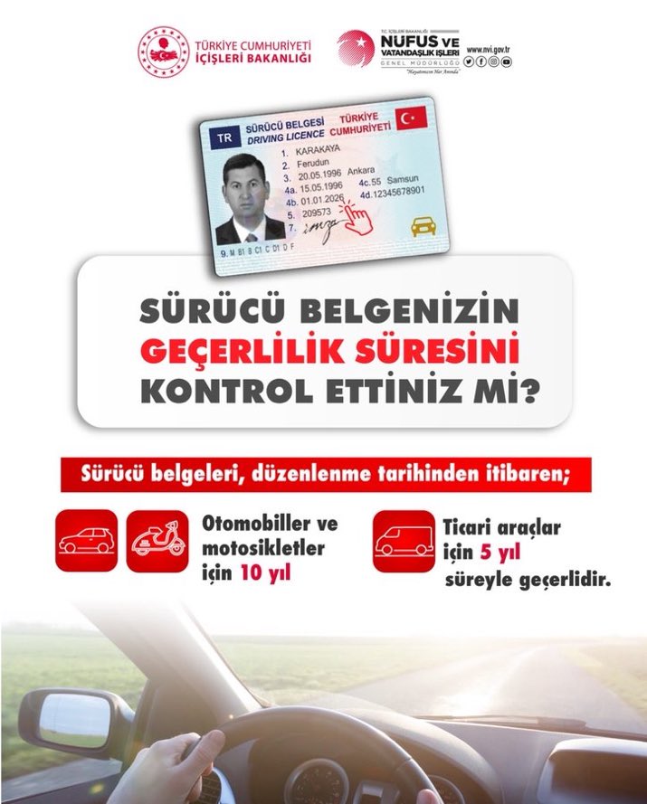 sevgulzengin_'s tweet photo. Sürücü Belgenizi Kontrol Ettiniz mi❓

‼️#Sürücübelgenizin iptal olmaması ve mağduriyet yaşamamanız için belgeniz üzerinde yer alan son geçerlilik tarihini kontrol edebilirsiniz. 
#Kahramanmaraş2026
#Hayatınızınheranında https://t.co/kOlJpIHp3D