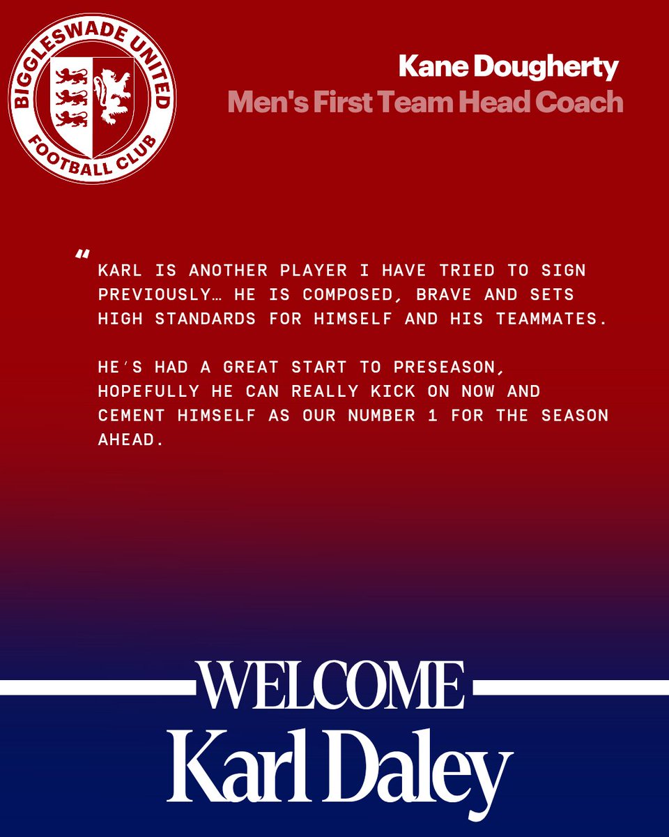 Biggleswadeutd's tweet photo. We are thrilled to announce the signing of, exciting young goalkeeper, Karl Daley for the 26/27 season

Karl, who has spent time at Leicester City, most recently turned out for Newport Pagnell and has made a big impression since joining the group for preseason https://t.co/9y1pSpuoKr