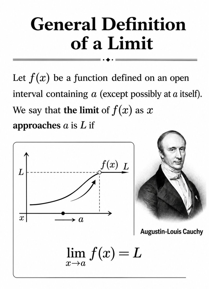 mathemetica's tweet photo. Functions often approach a steady output as the input nears a particular value without the need to evaluate at that exact spot. 

This graphic explains the general definition of the limit for such a function f near point a. 
Its graph depicts the curve moving toward height L with x approaching a, paired with the notation lim_{x→a} f(x) = L.

It is used to calculate instantaneous rates of change like velocity in real-world motion problems.