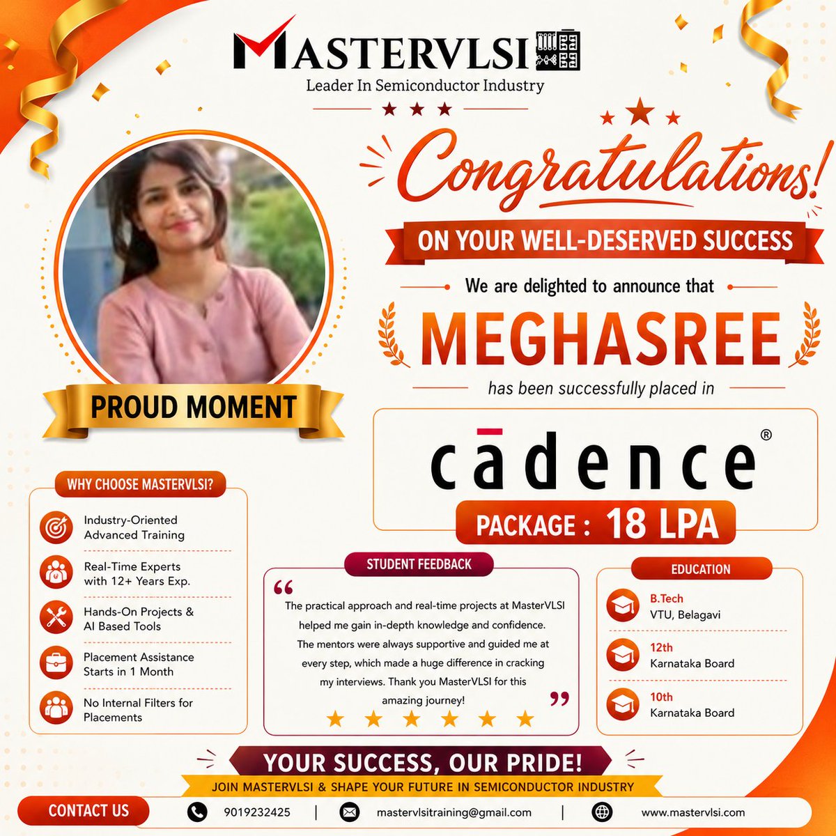 MasterVlsi's tweet photo. 🎉 Congratulations to Meghasree 
Another proud success from MasterVLSI. Your success is our pride!
📞 9019232425
🌐 https://t.co/cG2wQOJizA
#MasterVLSI #Cadence #VLSI #DesignVerification #Placement  #ASIC #SystemVerilog #CareerSuccess #TechJobs #Engineering #18LPA #SuccessStory https://t.co/dFq1zwAHub