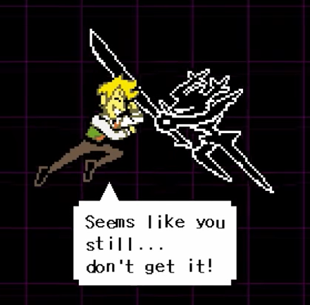 lesbchienne's tweet photo. @0nflare the aura-less knight perspective is lacking in that theory, but there's still the possibility that Kris did it specifically to get Susie out of the post-fight cutscene and save her life. with the Flowery parallel, it's clear that the Knight responds really poorly to taunting. https://t.co/JncB2XT2HQ