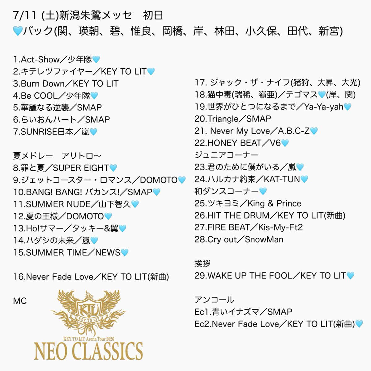 92977_'s tweet photo. 【KEY TO LET キテレツ NEO CLASSICS 新潟  7/11  初日 レポ】 セトリ

バック：無所10人
(関、瑛朝、碧、惟良、岡橋、岸、林田、小久保、田代、新宮)

#NEOCLASSICS https://t.co/KdCt4EV4pL