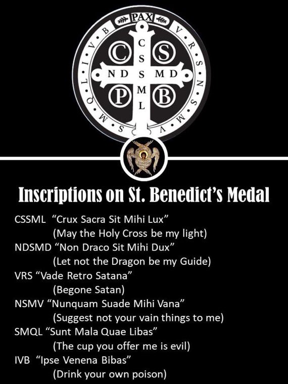 father_rmv's tweet photo. St. Benedict’s Medal:

The purpose of this sacramental is to call down God's blessing and protection upon us, wherever we are, and upon our homes and possessions, especially through the intercession of St. Benedict. By the conscious and devout use of the medal, it becomes, as it were, a constant silent prayer and reminder to us of our dignity as followers of Christ. 

The medal is essentially a prayer of exorcism against Satan, a prayer for strength in time of temptation, a prayer for a peaceful death in the Lord, a prayer for peace among ourselves and among the nations of the world, a prayer that the Cross of Christ be our light and guide, a prayer of firm rejection of all that is evil, a prayer of petition that we may with Christian courage "walk in God's ways, with the Gospel as our guide," as St. Benedict urges us. 

A profitable spiritual experience can be ours if we but take the time to study the array of inscriptions and representations found on the two sides of the Medal. The lessons found there can be pondered over and over to bring true peace of mind and heart into our lives as we struggle to overcome the weaknesses of our human nature and realize that our human condition is not perfect, but that with the help of God and the intercession of the saints our condition can become better. 

The Medal of St. Benedict can thus serve as a constant reminder of the need for us to take up our cross daily and "follow the true King, Christ our Lord," and thus learn "to share with patience in the sufferings of Christ so that we may one day share in his heavenly kingdom," as St. Benedict urges us in the Prologue of his Rule.

Front Side of Medal:

On the face of the medal is the image of St. Benedict. In his right hand he holds aloft the cross as the symbol of our salvation, also reminding us of the vast work of evangelizing and civilizing England and Europe carried out mainly by the Benedictine monks and nuns, especially from the sixth to the ninth/tenth centuries. In Benedict's left hand is his Rule for Monks, which could well be summed up in the words of the Prologue exhorting us to "walk in God's ways, with the Gospel as our guide." 

On a pedestal to the right of St. Benedict is the poisoned cup, shattered when he made the sign of the cross over it. 

On a pedestal to the left is a raven about to carry away a loaf of poisoned bread that a jealous enemy had sent to St. Benedict. 

Above the cup and the raven are the Latin words: CRUX S. PATRIS BENEDICTI (The Cross of Our Holy Father Benedict). 

On the margin of the medal, encircling the figure of St. Benedict, are the Latin words: EIUS IN OBITU NOSTRO PRAESENTIA MUNIAMUR! (May we be strengthened by his presence in the hour of our death!). Benedictines have always regarded St. Benedict as a special patron of a happy death, He himself died in the chapel at Montecassino while standing with his arms raised up to heaven, and supported by the brethren, shortly after having received Holy Communion. 

Below the figure of St. Benedict is a Latin inscription giving the origin and date of the Jubilee Medal: Abbey of Montecassino, 1880.

Reverse Side of Medal:

On the back of the medal, the cross is dominant. On the arms of the cross are the initial letters of a rhythmic Latin prayer: CRUX SACRA SIT MIHI LUX! NUNQUAM DRACO SIT MIHI DUX! (May the holy Cross be my light! The dragon never be my guide!). 
In the angles of the cross, the letters C S P B stand for CRUX SANCTI PATRIS BENEDICTI (The cross of our holy father Benedict). 

Above the cross is the word PAX (Peace), which has been a Benedictine motto for centuries. 

Around the margin of the back of the medal, the letters V R S N S M V -- S M Q L I V B are the initial letters, as mentioned before, of a Latin prayer of exorcism against Satan: VADE RETRO SATANA! NUNQUAM SUADE MIHI VANA! SUNT MALA QUAE LIBAS. IPSE VENENA BIBAS! (Begone, Satan! Tempt me not with your vanities! What you offer me is evil. Drink the poisoned cup yourself!).