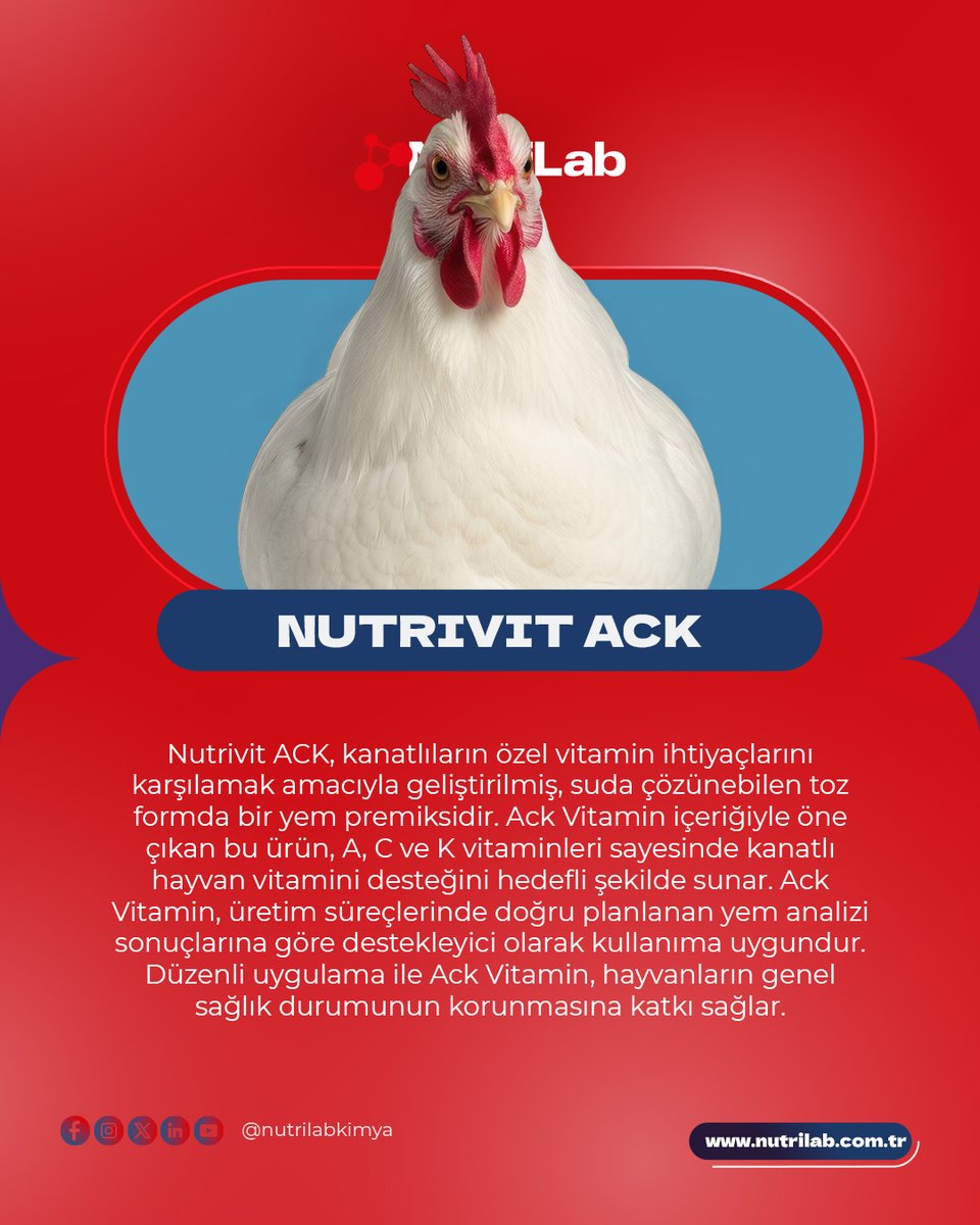 NutrilabKimya's tweet photo. Nutrivit ACK, kanatlıların özel vitamin ihtiyaçlarını karşılamak amacıyla geliştirilmiş, suda çözünebilen toz formda bir yem premiksidir.

✅ Suda tamamen çözünebilen toz yapı
✅ A, C ve K vitamin kombinasyonu
✅ Etkili ack tavuk vitamini desteği
✅ Kolay uygulama imkanı https://t.co/43LZvsvYur