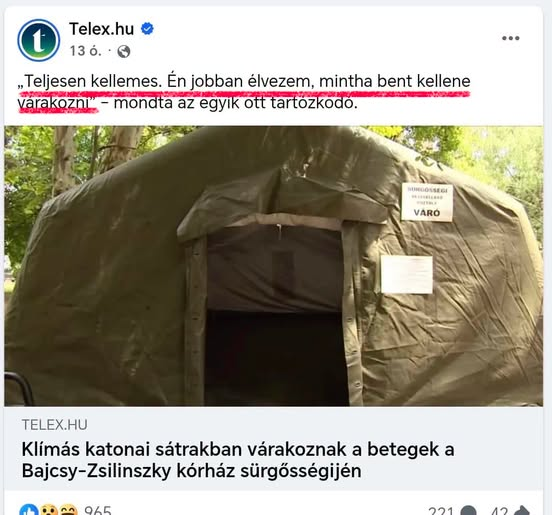 JosefKrieg99804's tweet photo. A Telex sem tud már mit hazudik.....szerintük jobb sátorban várakozni az SBO-n mint  bent az épületben. A Tiszás meg ennek örül és el is hiszi. Édes Istenem gyere le. https://t.co/NTLygvOFcd
