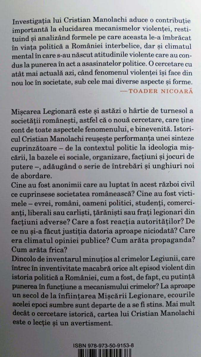 oradeanul's tweet photo. Pentru că vreau să înțeleg mai bine unele aspecte ale greșelilor trecutului, am mai comandat două cărți.
1. Războiul sfânt al României - Grant T. Harward.

"Sub motivația purtării unui război sfânt, atât în linia întâi, cât și în spatele frontului, o parte dintre militarii români au comis crime de război. Un număr foarte mare de civili (în special evrei), dar şi partizani sau prizonieri de război au fost asasinați, ostașii români fiind puternic animați de o ideologie alcătuită din convingeri naţionaliste, religioase, antisemite şi anticomuniste."

2. Revolverul Arhanghelului - Mișcarea legionară și mistica asasinatului politic - Cristian Manolachi

"Dincolo de inventarul minuțios al crimelor Legiunii, care întrec în inventivitate macabră orice alt episod violent din istoria politică a României, cum a fost, de fapt, cu putinţă punerea în funcțiune a mecanismului crimelor?"

Atașez poze și cu spatele, pentru curioși.
