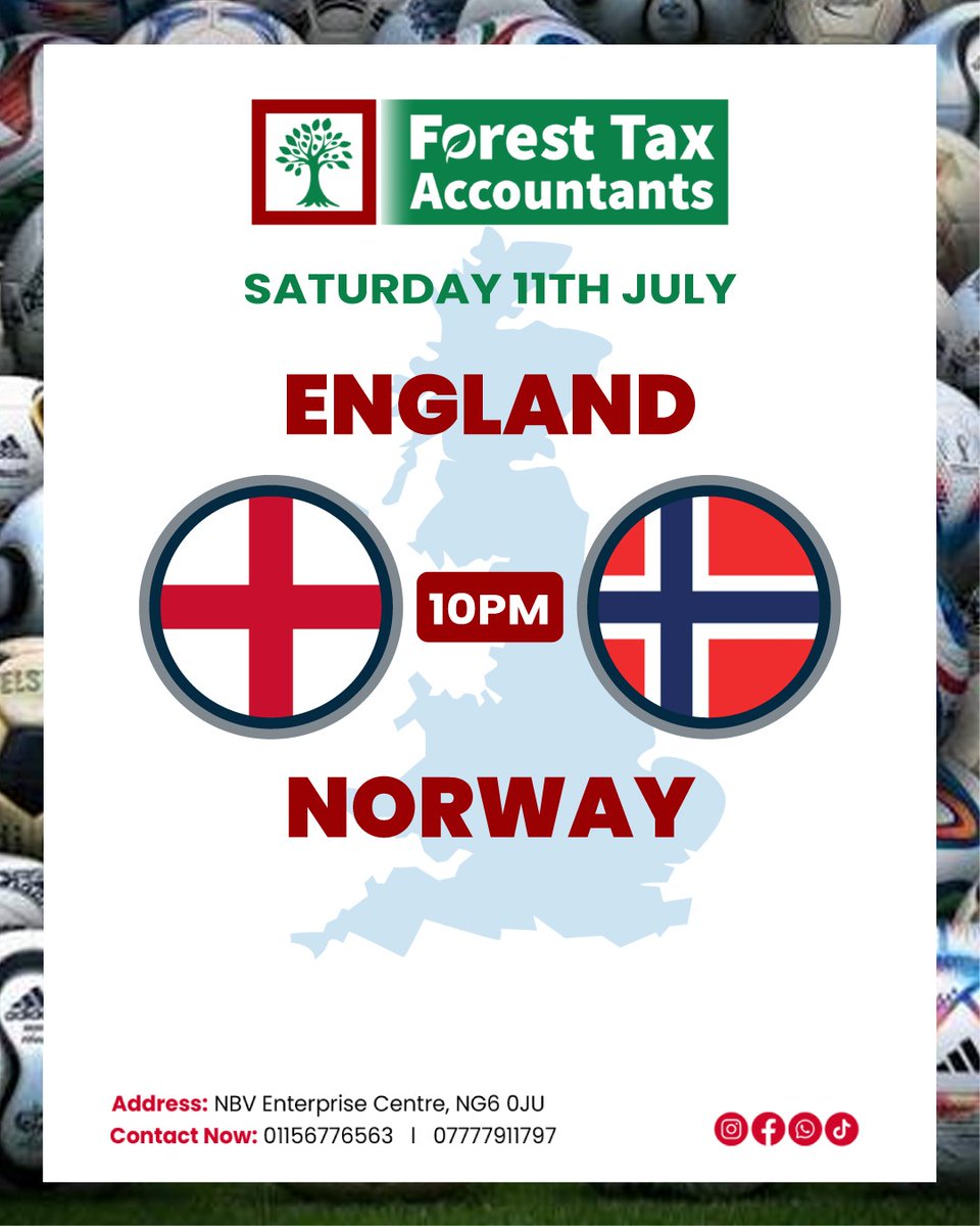 ForestTaxAcc's tweet photo. England vs Norway tonight at 10 PM! ⚽ While you cheer on your team, let Forest Tax Accountants tackle your business accounts. Find us at NBV Enterprise Centre, NG6 0JU or call 07777911797 to score a winning financial strategy🏴󠁧󠁢󠁥󠁮󠁧󠁿🇳🇴#ForestTaxAccountants #Nottingham #TaxHelp #fifa26 https://t.co/R6bXcXf5Uj