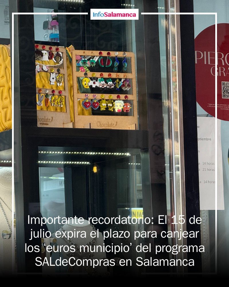 INFOSALAMANCA's tweet photo. 🗓️ ¡Atención Salamanca! El 15 de julio se cierra la oportunidad de canjear tus ‘euros municipio’ del programa SALdeCompras. ¡Aprovecha tu saldo antes que caduque! Utiliza estos beneficios en librerías, gimnasios y más. #Salamanca #ConsumoLocal 🛒 https://t.co/OUViDA2JV2 https://t.co/EEowTM543h