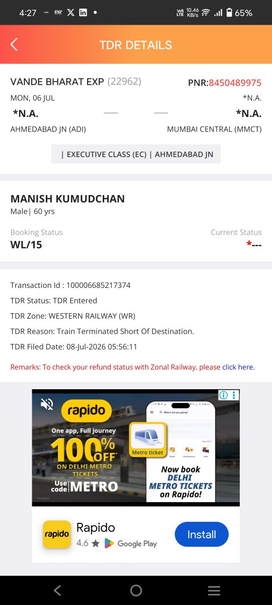 Report789's tweet photo. @IRCTCofficial @WesternRly loss.
Passengers should not pay for a journey that the Railways themselves failed to complete.
#IndianRailways #IRCTC #PassengerRights #TrainRefund #ConsumerRights #VandeBharat https://t.co/M9AX4BL7Uo