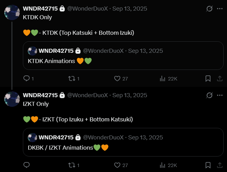 WonderDuoX's tweet photo. So yeah, I have equal love for both, even though sometimes people don't notice it.

Every time I post a video, I make sure the next one I post will be of the opposite pairing.  Sometimes it would depend on the mood? Or sometimes on the scene I'm putting Kacchan and Deku in. https://t.co/duNKJ5sbvU
